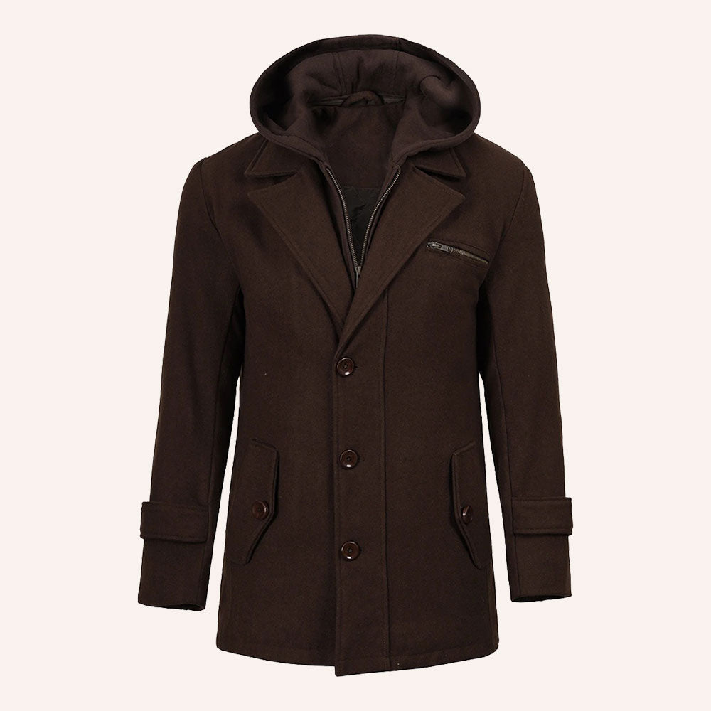 Men’s Classic Dark Brown Wool Pea Coat with Removable Hood