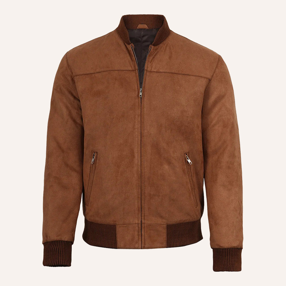 Men’s Classic Cognac Brown Real Suede Leather Bomber Jacket
