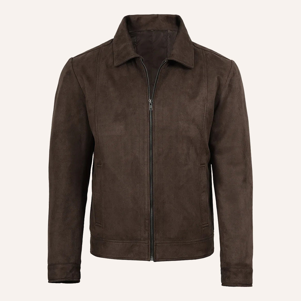 Men’s Classic Dark Brown Faux Suede Zip-Up Jacket