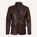 Men’s Classic Dark Brown Real Leather Two-Button Blazer Jacket