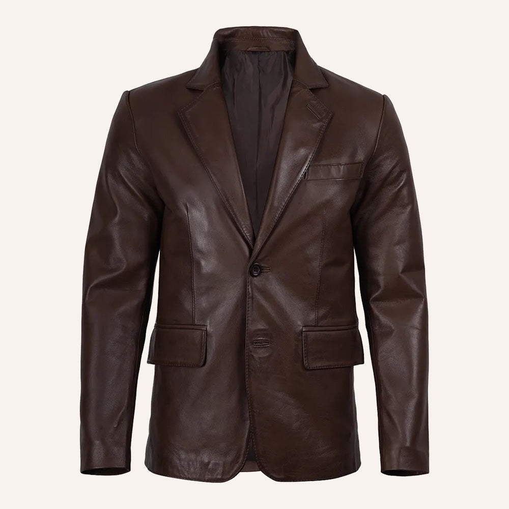Men’s Classic Dark Brown Real Leather Two-Button Blazer Jacket