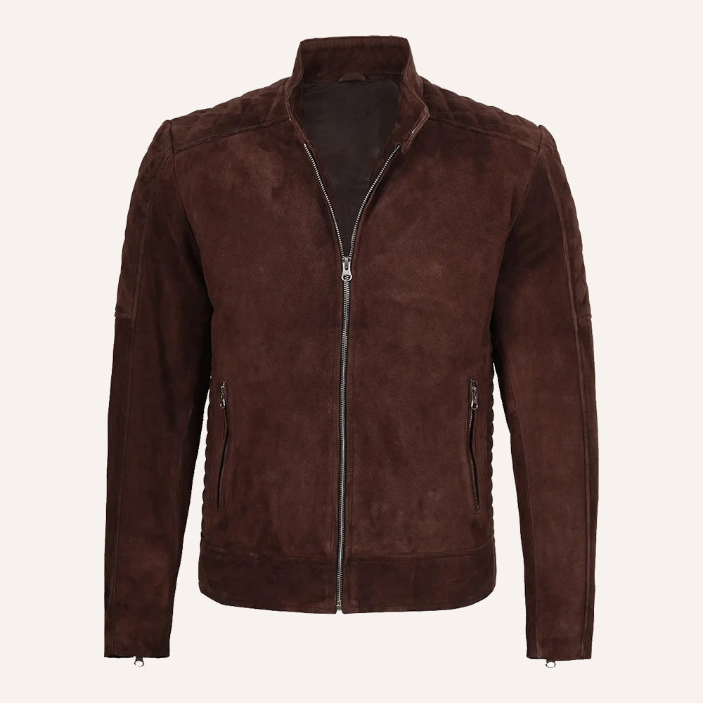 Men’s Classic Dark Brown Quilted Real Suede Biker Jacket