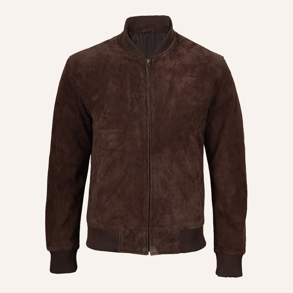 Men’s Classic Dark Brown Suede Bomber Jacket