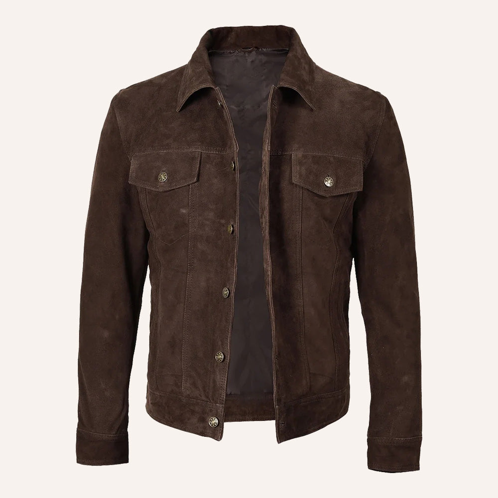 Men’s Vintage Dark Brown Suede Leather Trucker Jacket