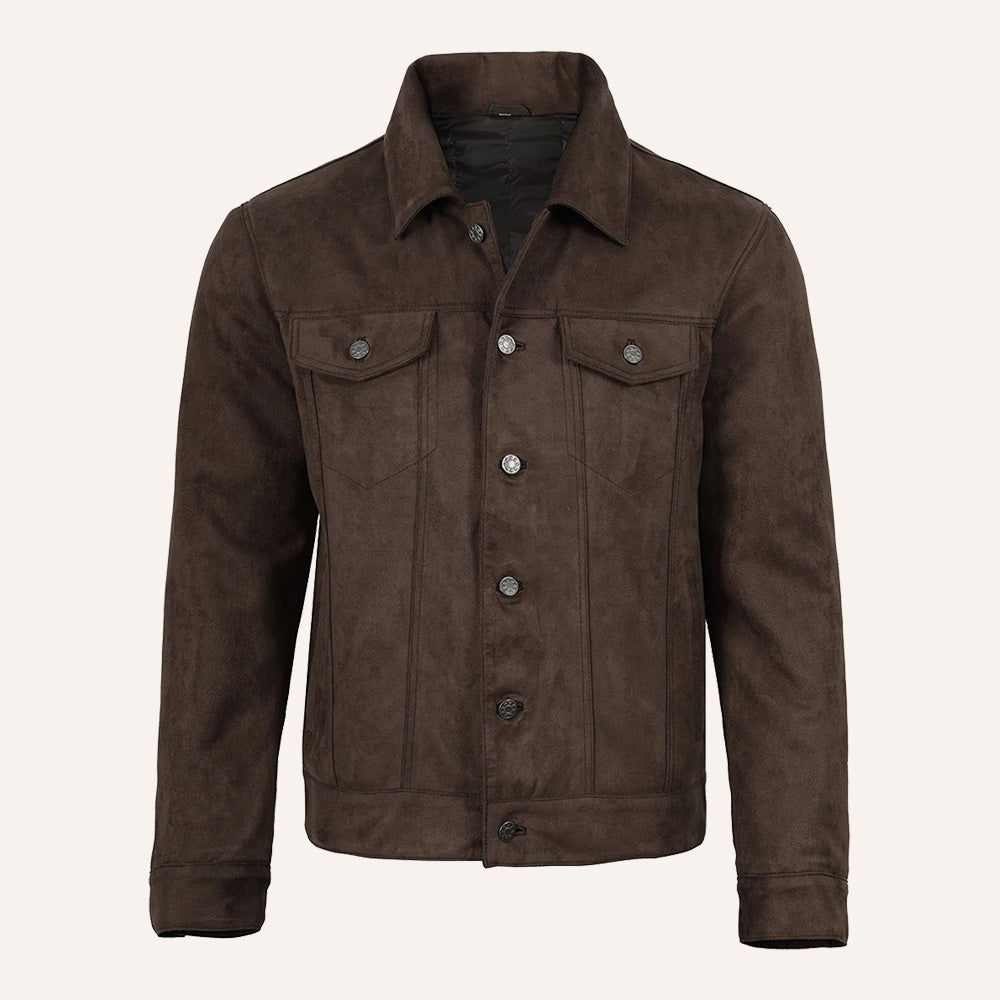 Men’s Classic Dark Brown Real Suede Trucker Jacket