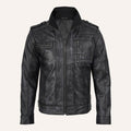 Men’s Distressed Black Real Leather Rib Collar Biker Jacket