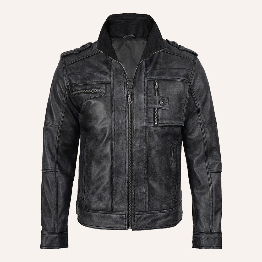 Men’s Distressed Black Real Leather Rib Collar Biker Jacket