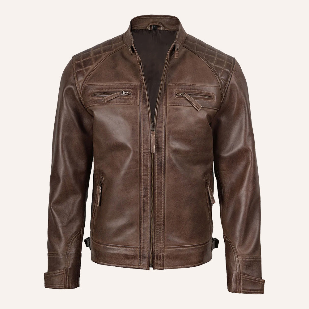 Men’s Distressed Brown Real Leather Quilted Biker Jacket