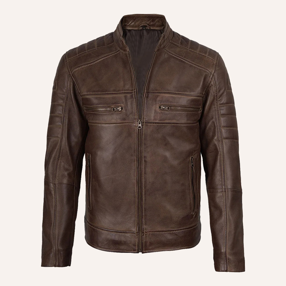 Men’s Distressed Brown Real Leather Cafe Racer Biker Jacket