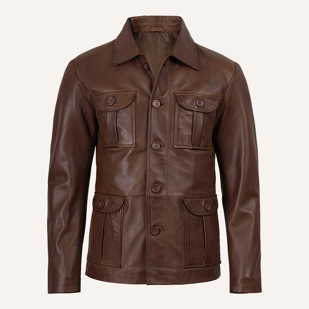 Men’s Classic Distressed Brown Real Leather Safari Field Jacket