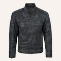 Men’s Distressed Grey Real Leather Cafe Racer Biker Jacket