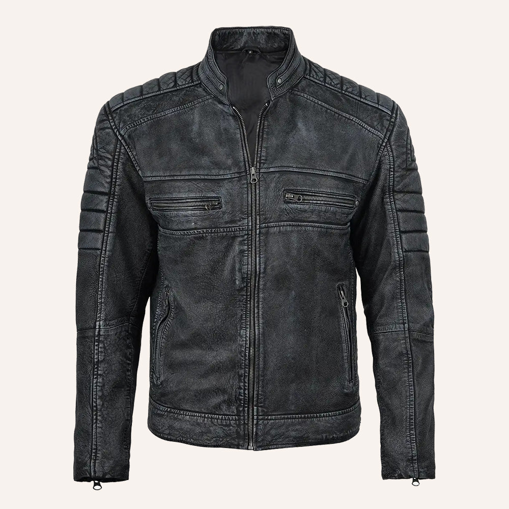 Men’s Distressed Grey Real Leather Cafe Racer Biker Jacket