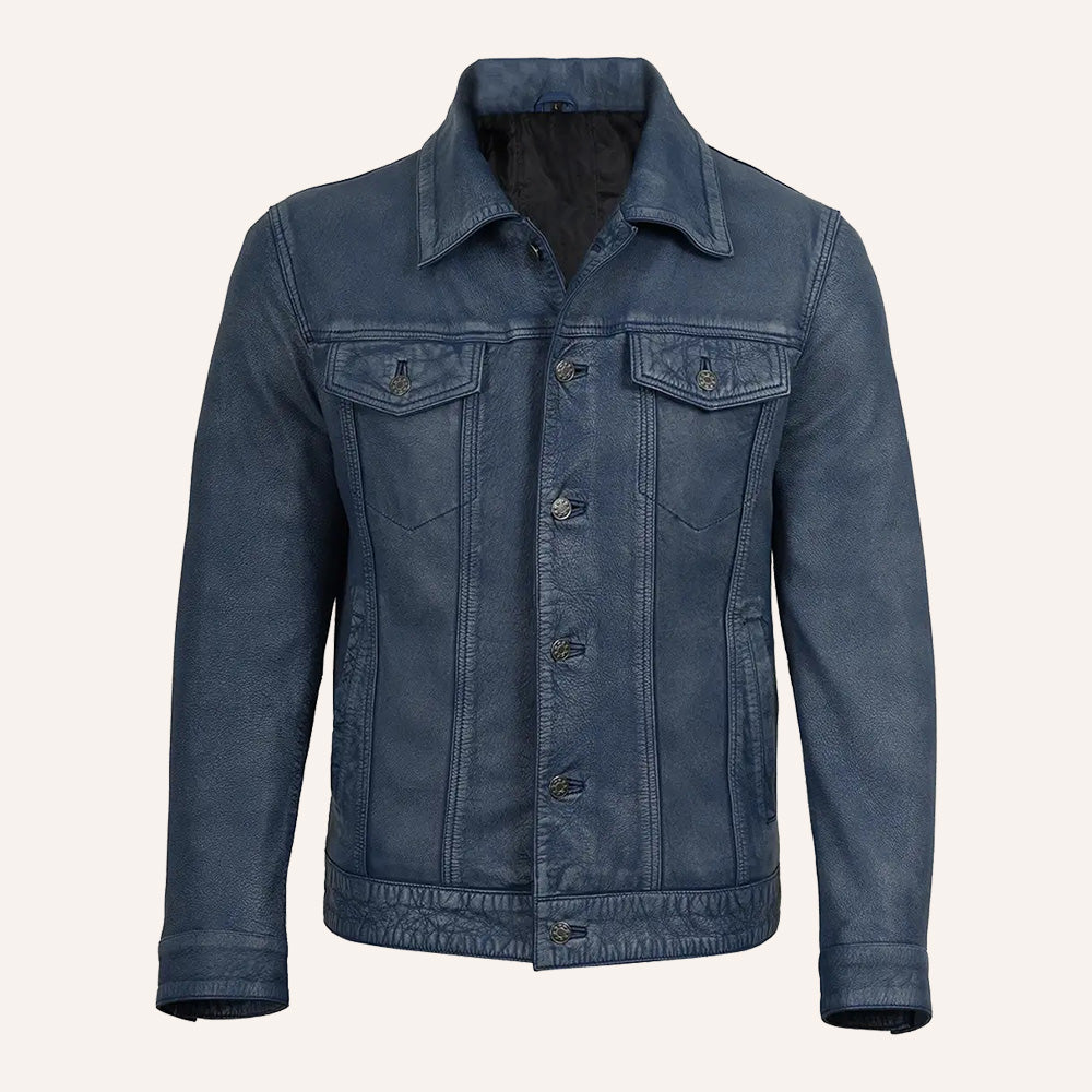 Men’s Vintage Navy Blue Real Leather Trucker Jacket