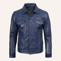Men’s Classic Navy Blue Real Leather Trucker Jacket