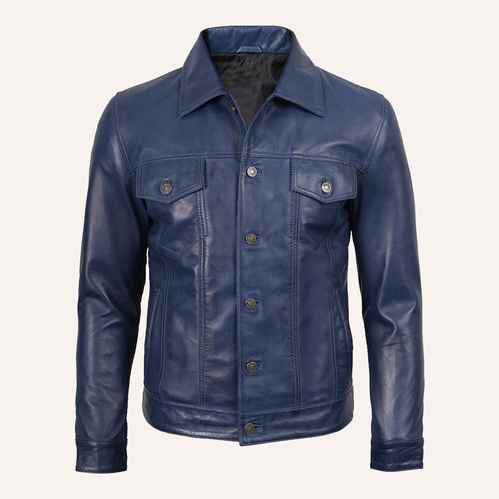 Men’s Classic Navy Blue Real Leather Trucker Jacket
