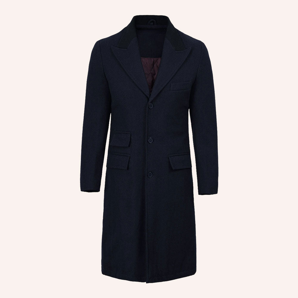 Men’s Classic Navy Blue Wool Overcoat with Velvet Collar