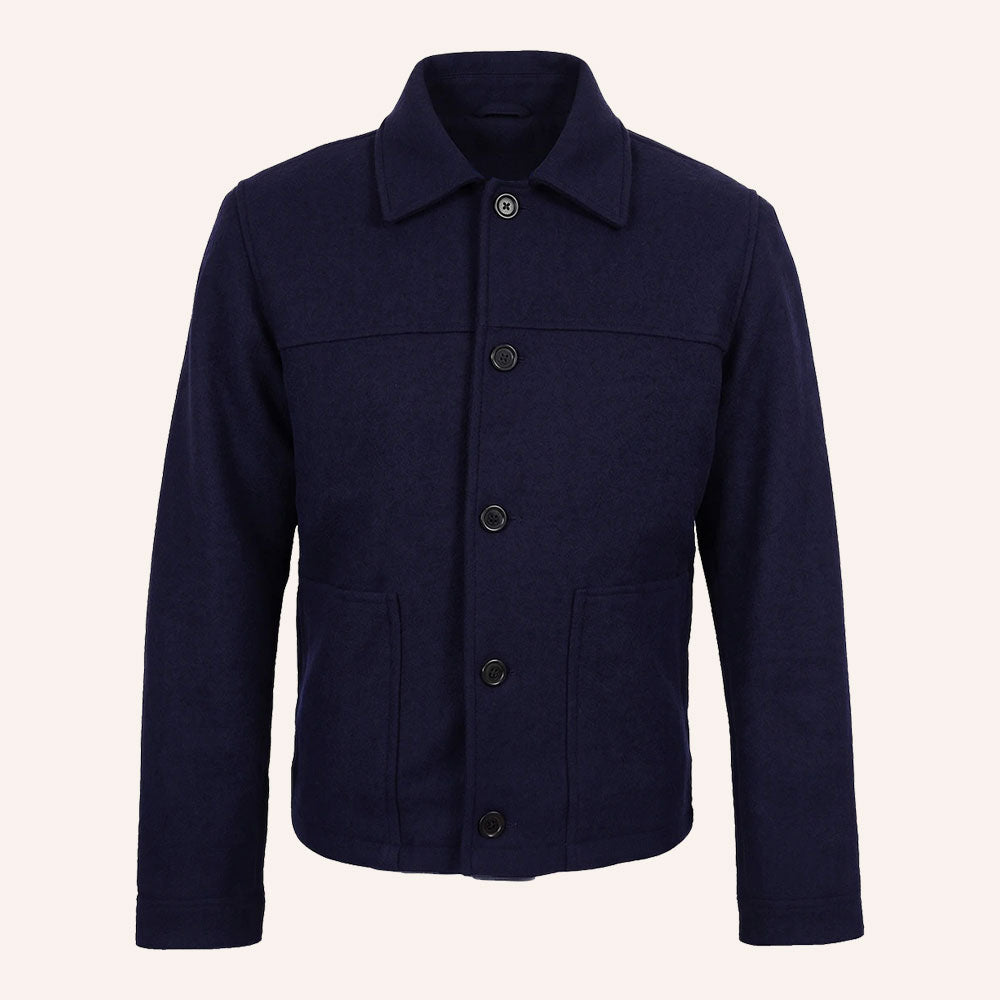 Men’s Classic Navy Blue Wool Shirt Jacket with Quilted Lining