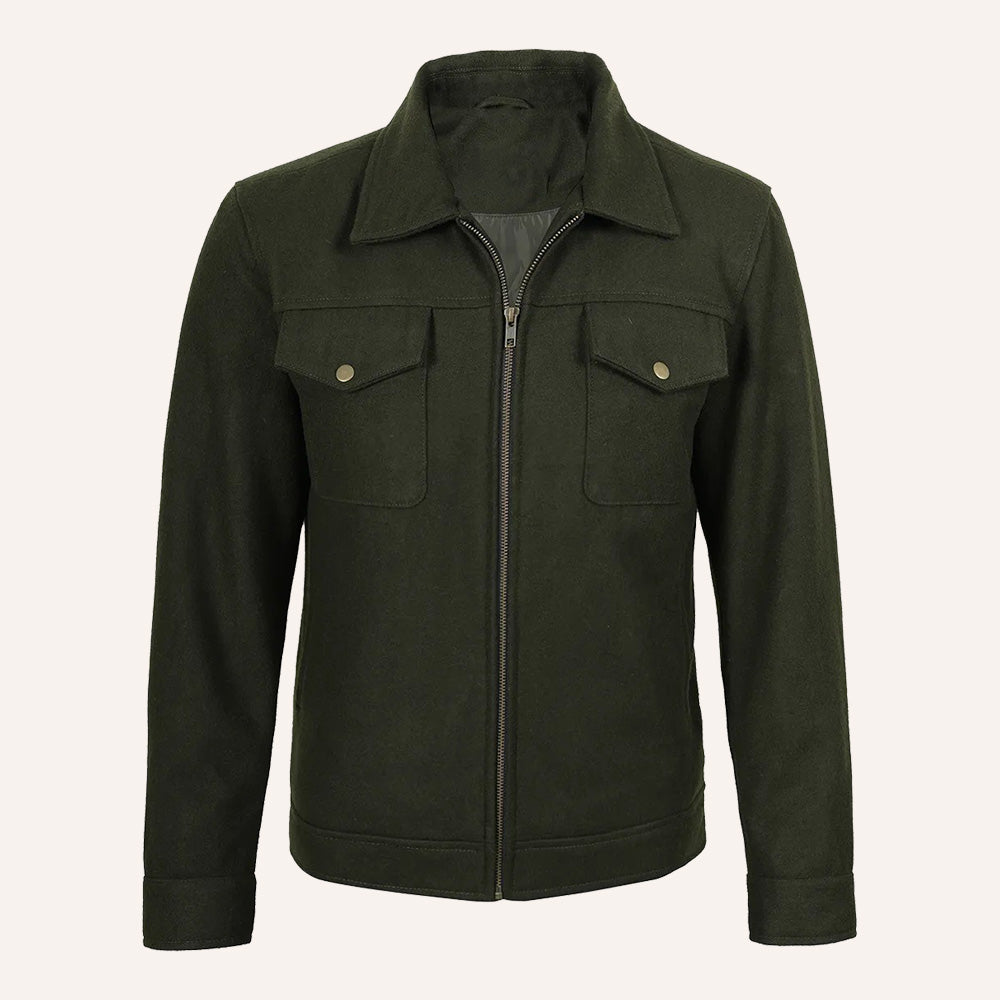 Men’s Classic Olive Green Wool Zip-Up Trucker Jacket