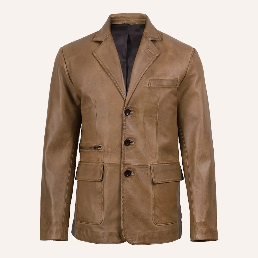 Men’s Classic Tailored Tan Brown Real Leather Blazer Jacket