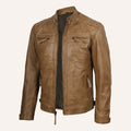 Men’s Distressed Tan Brown Real Leather Cafe Racer Biker Jacket