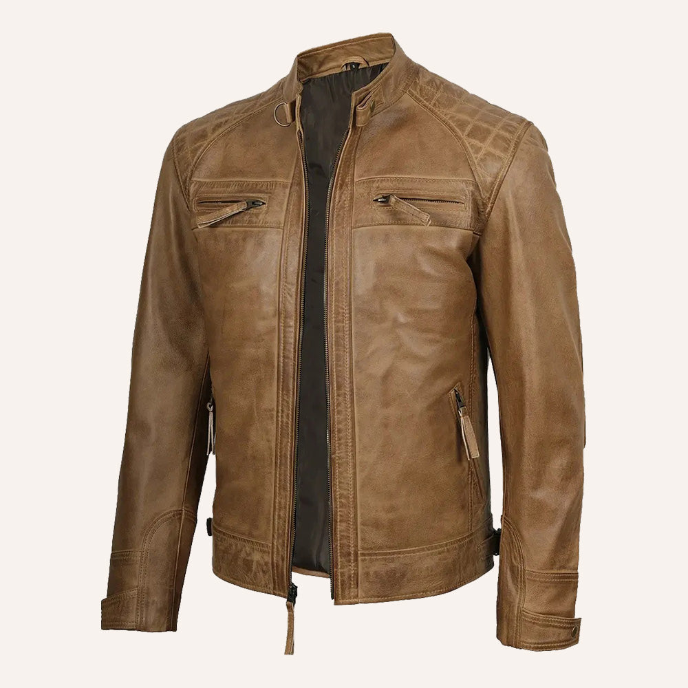 Men’s Distressed Tan Brown Real Leather Cafe Racer Biker Jacket