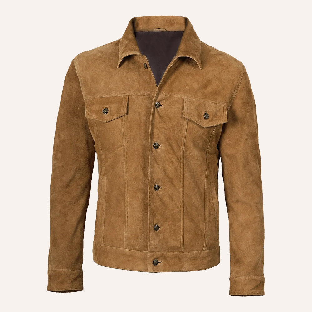 Men’s Vintage Tan Brown Suede Leather Trucker Jacket
