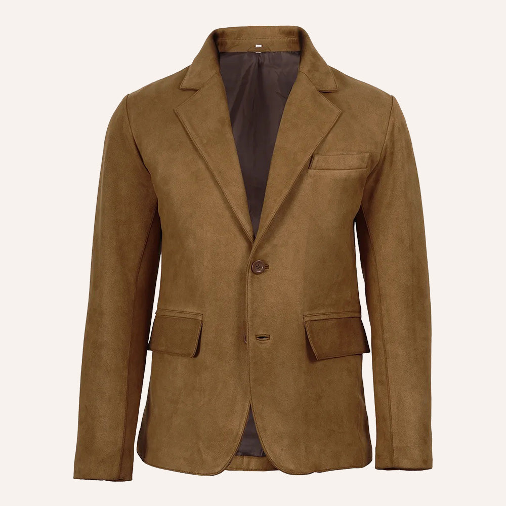 Men’s Classic Tan Real Suede Two-Button Blazer Jacket