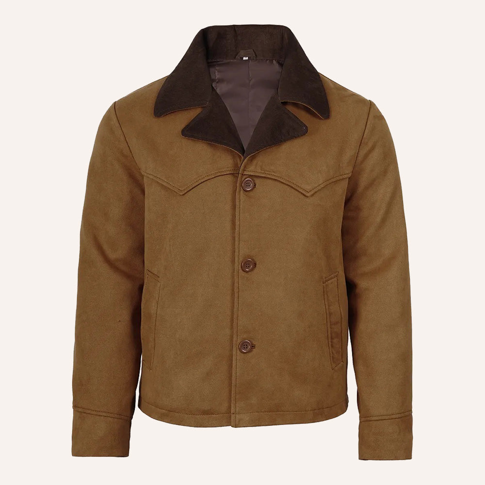 Men’s Classic Tan Real Suede Western Jacket with Corduroy Collar