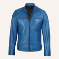 Men’s Vintage Blue Real Leather Cafe Racer Biker Jacket