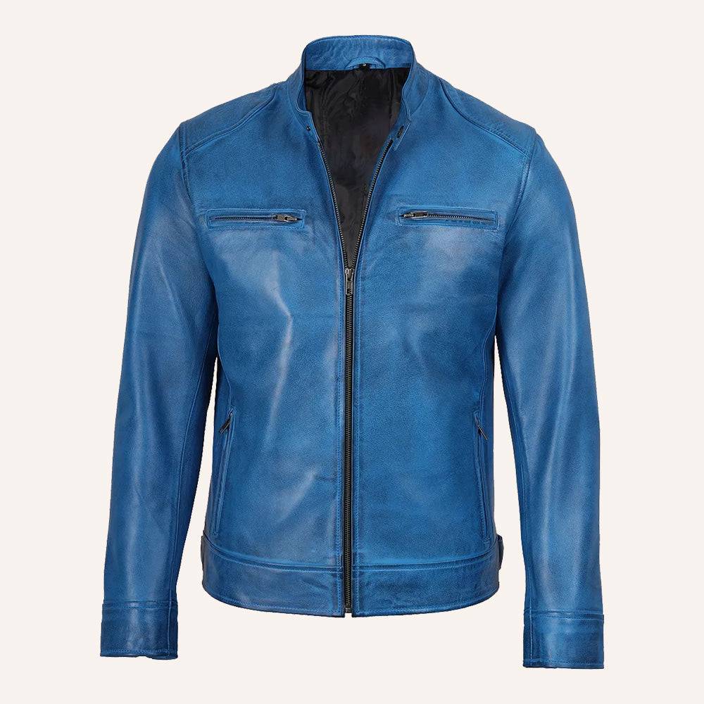 Men’s Vintage Blue Real Leather Cafe Racer Biker Jacket