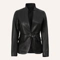 Women’s Classic Tailored Black Real Leather Belted Blazer Jacket