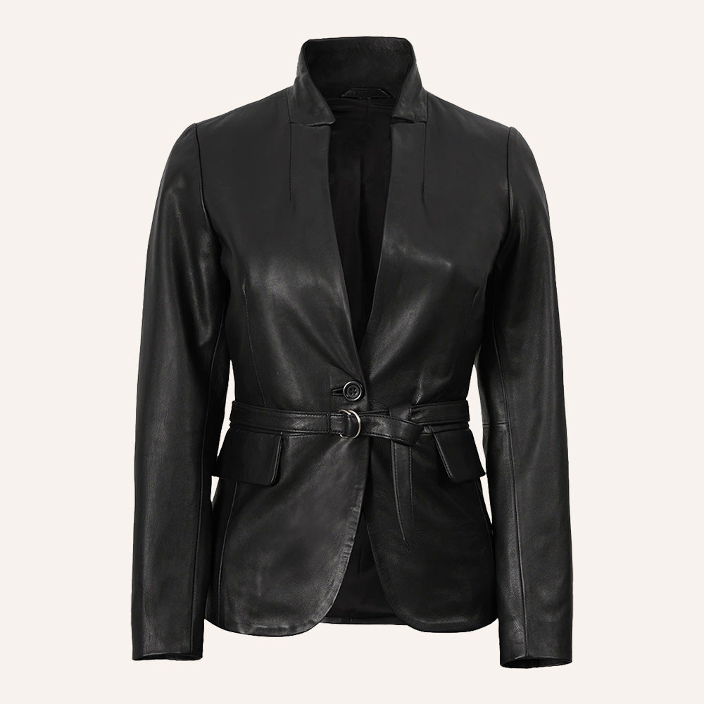 Women’s Classic Tailored Black Real Leather Belted Blazer Jacket