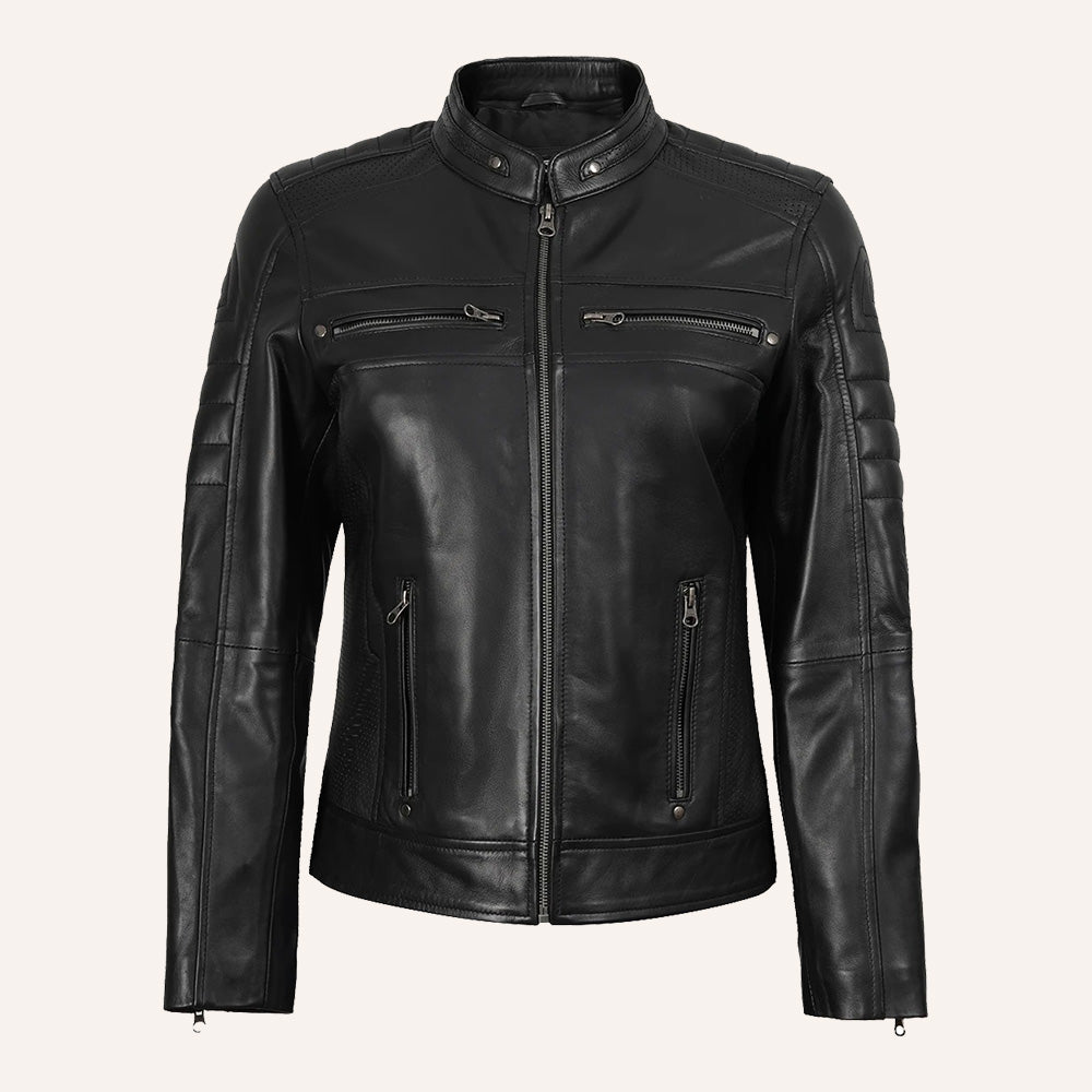 Women’s Classic Black Real Leather Racer Biker Jacket with Perforated Paneling