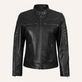 Women’s Classic Black Real Leather Racer Biker Jacket with Perforated Paneling