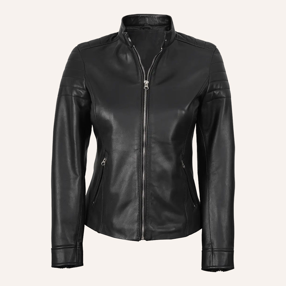 Women’s Classic Black Real Leather Cafe Racer Biker Jacket