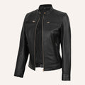 Women’s Classic Black Real Leather Cafe Racer Biker Jacket with Gold Hardware