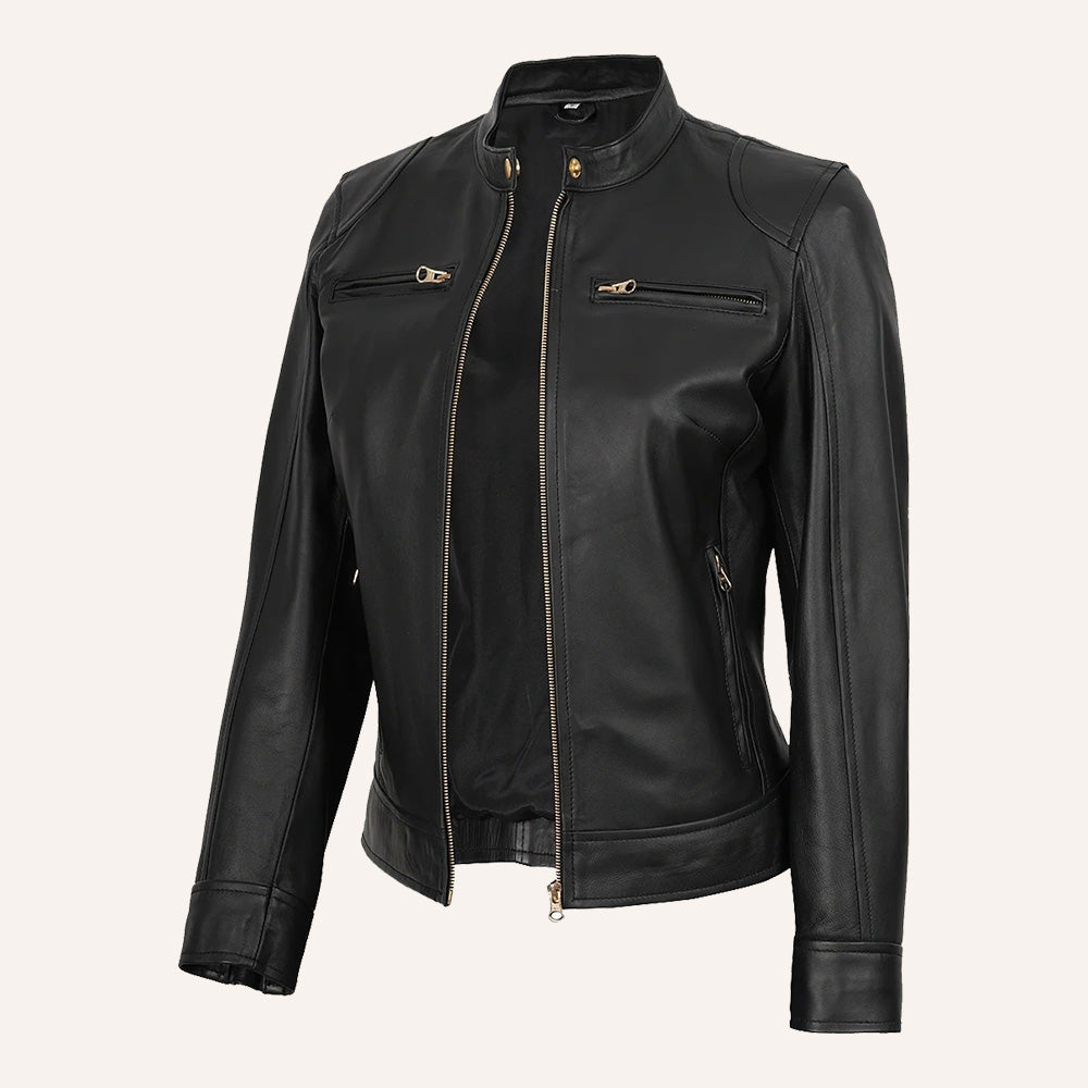 Women’s Classic Black Real Leather Cafe Racer Biker Jacket with Gold Hardware