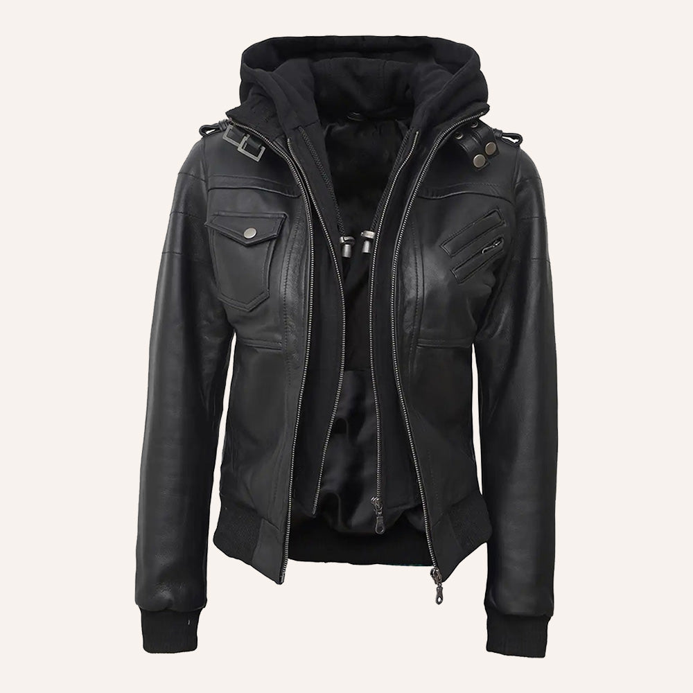 Women’s Classic Black Real Leather 2-in-1 Hooded Bomber Jacket with Removable Hood