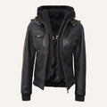 Women’s Classic Black Real Leather 2-in-1 Hooded Bomber Jacket with Removable Hood