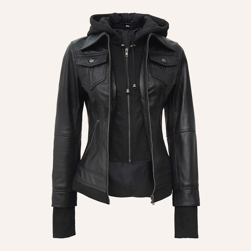 Women’s Classic Black Real Leather 2-in-1 Hooded Jacket with Removable Hood