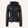 Women’s Classic Black Real Leather 2-in-1 Hooded Jacket with Removable Hood