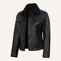 Women’s Classic Black Real Leather Trucker Jacket with Black Sherpa Collar