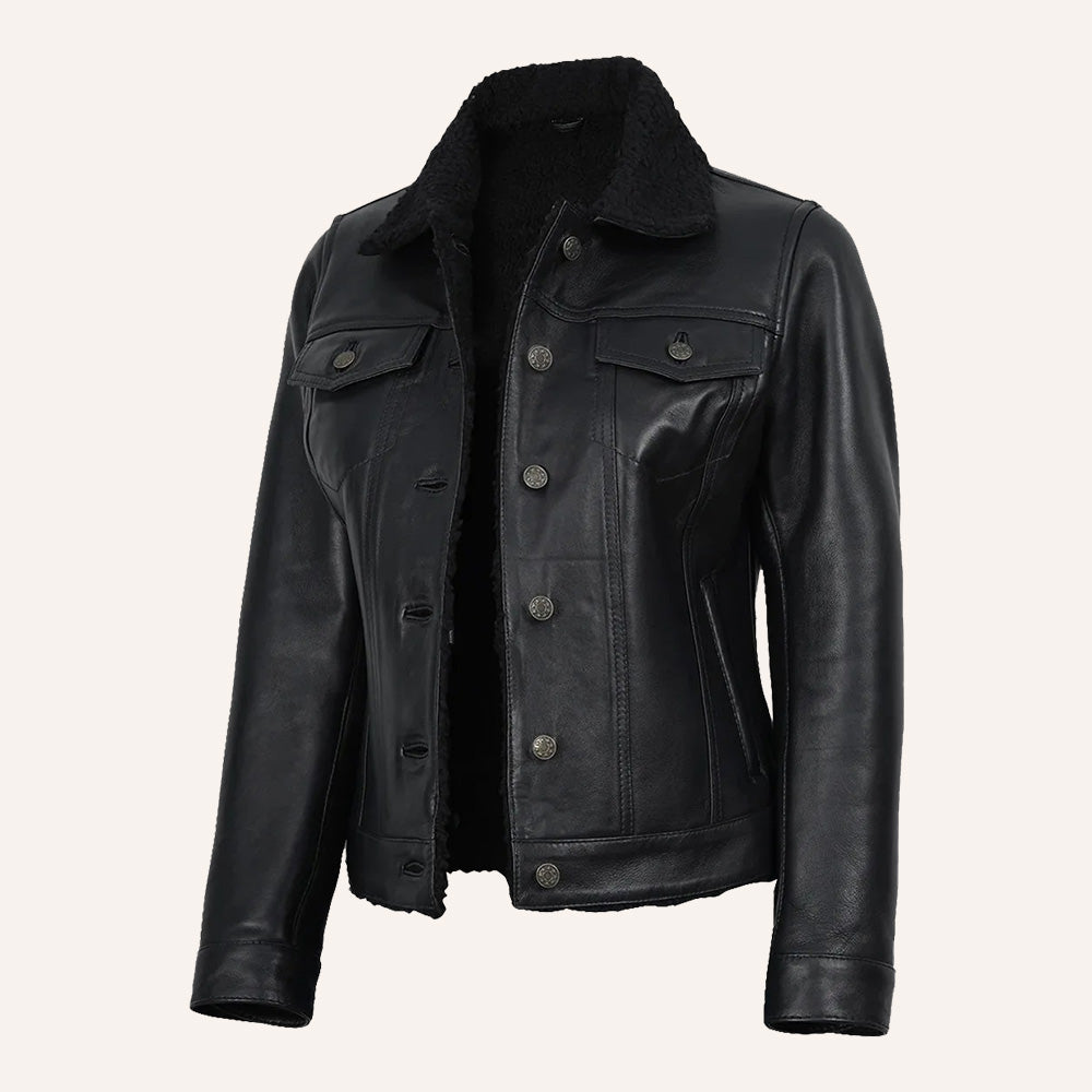 Women’s Classic Black Real Leather Trucker Jacket with Black Sherpa Collar