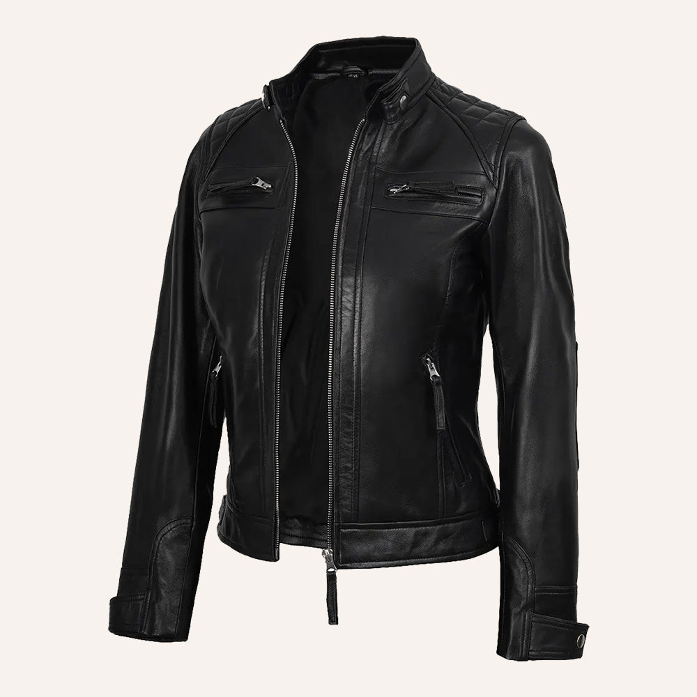 Women’s Classic Black Quilted Real Leather Cafe Racer Biker Jacket