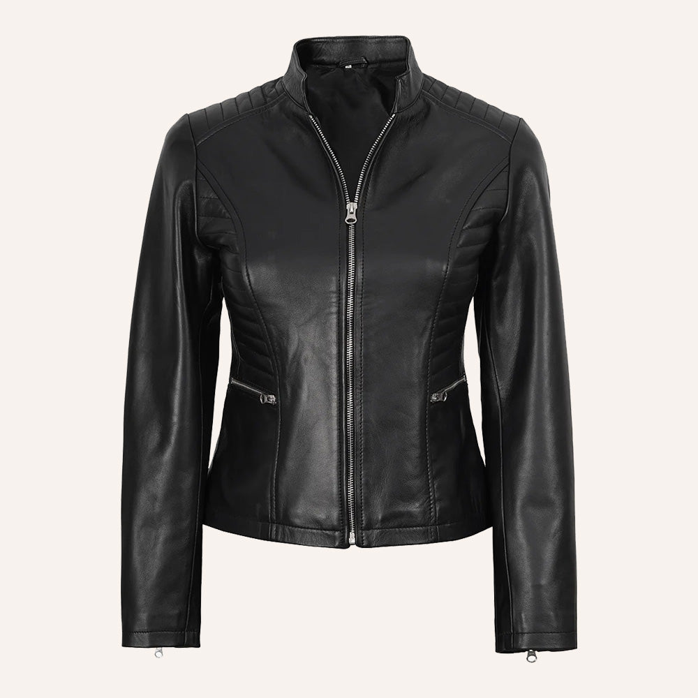 Women’s Classic Black Quilted Real Leather Racer Biker Jacket