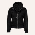 Women’s Black Suede 2-in-1 Hooded Bomber Jacket with Removable Hood
