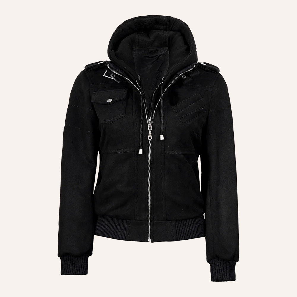 Women’s Black Suede 2-in-1 Hooded Bomber Jacket with Removable Hood