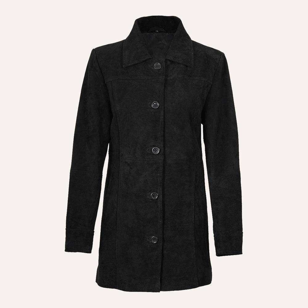 Women’s Vintage Black Suede Mid-Length Leather Coat