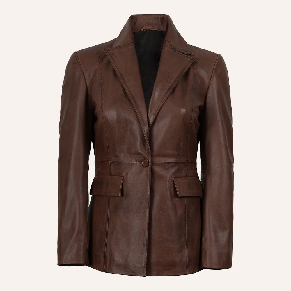 Women’s Classic Tailored Chocolate Brown Real Leather Blazer Jacket