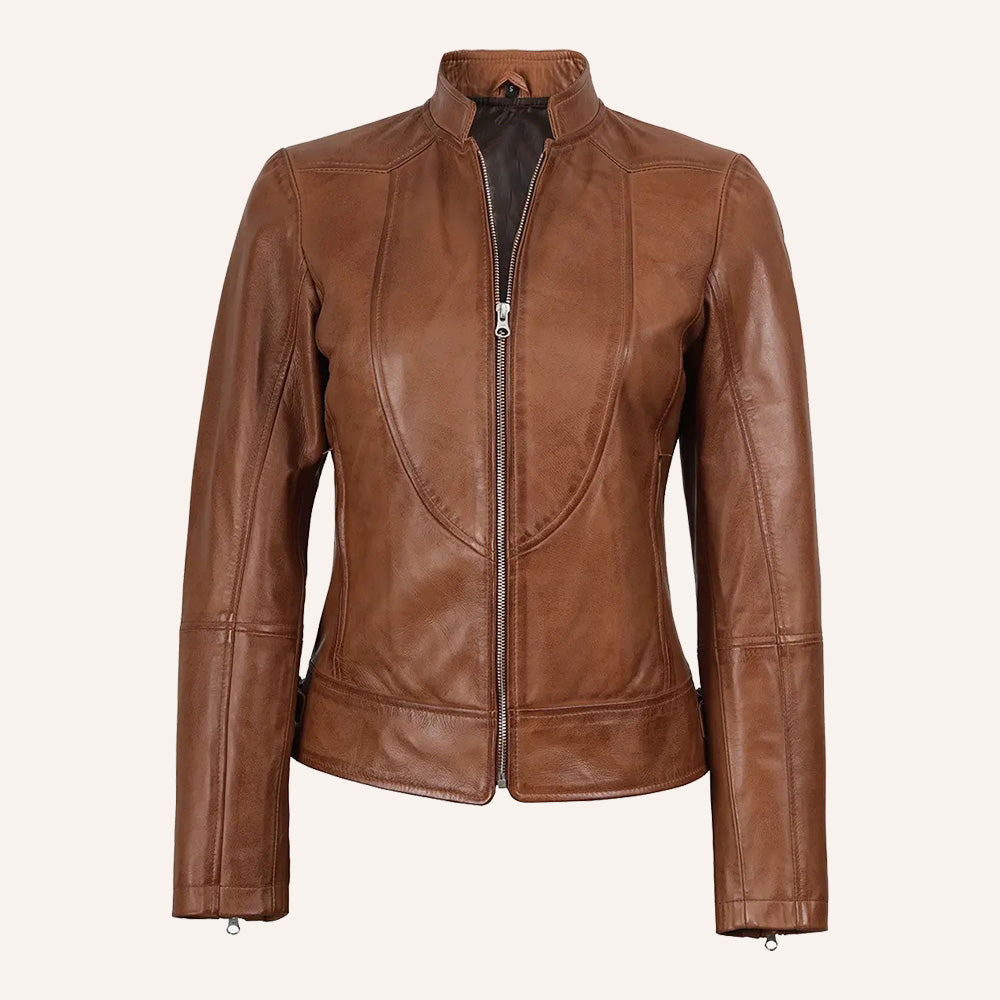 Women’s Classic Cognac Brown Real Leather Racer Biker Jacket